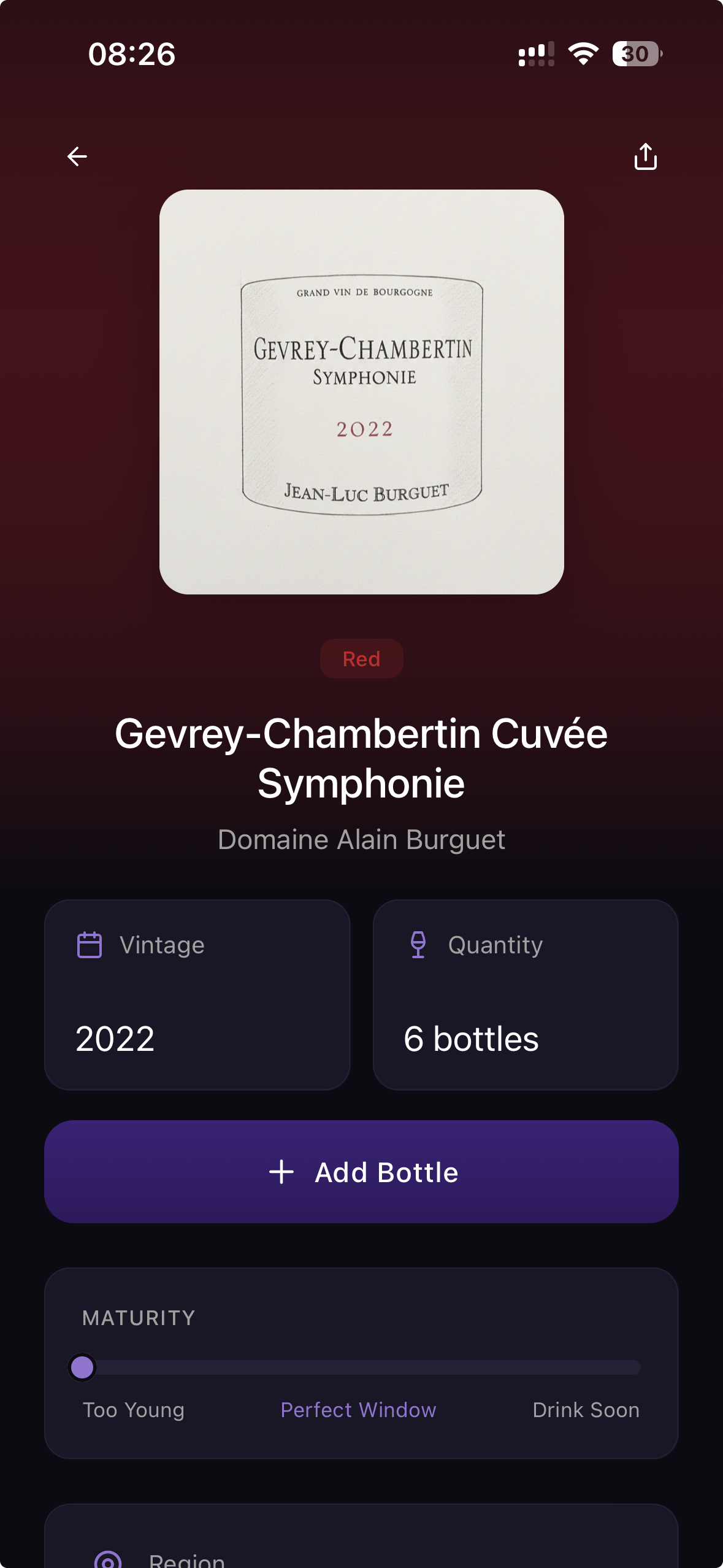 Wine detail page with display image, maturity tracker, and bottle info